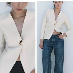 Zara Elegant Cream Women's Blazer cardigan Jacket Sweater SIZE:L